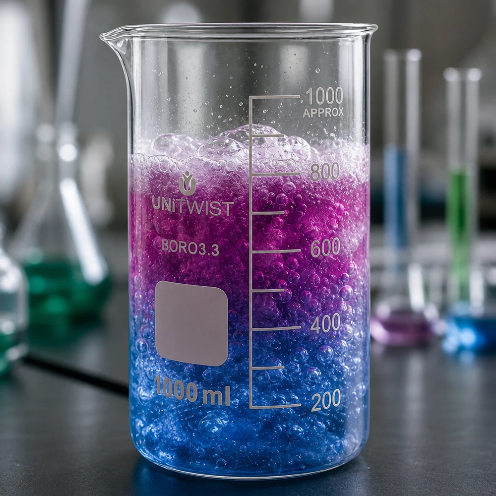 Beker 1000ml borosilicaat, hoge vorm UNITWIST Becherglas van 1000 ml, hoog model, borosilicaat, UNITWIST, met aan de zijkant een bruisende blauw-roze inhoud