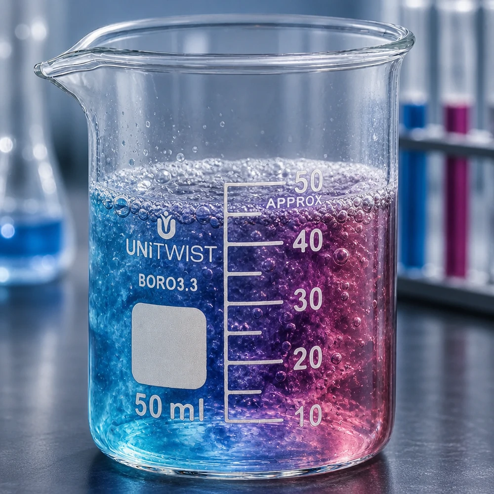Laag becherglas 50 ml UNiTWIST van hoogwaardig borosilicaatglas met schenktuit en labelveld