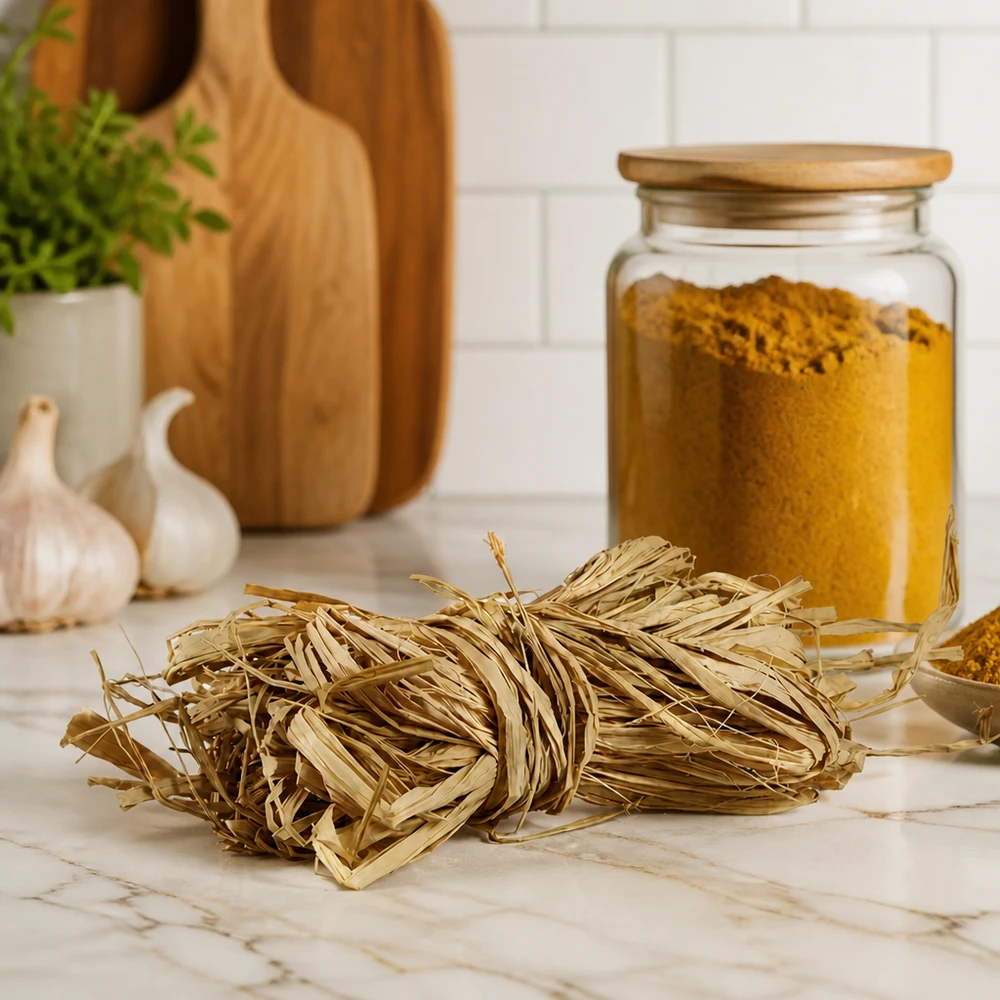 Natuurlijk raffia voor decoratie 30 g Natuurlijke raffia 30g goudbeige op marmeren werkblad met keukengerei toont natuurlijke decoratieve vezels voor in huis