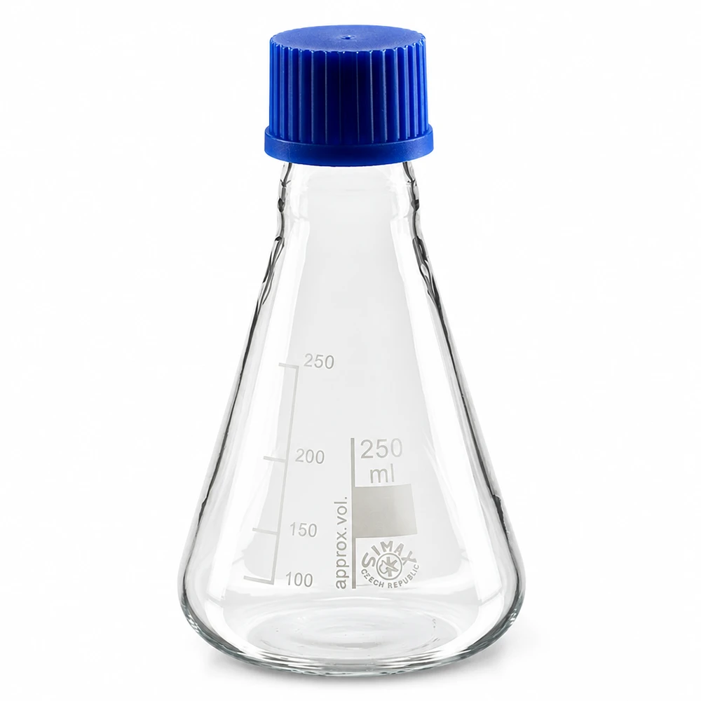 Erlenmeyer 250ml glas met nauwe hals borosilicaat met schroefdraad en sluiting Erlenmeyer van 250 ml inhoud met schaalverdeling en stevige blauwe schroefdop