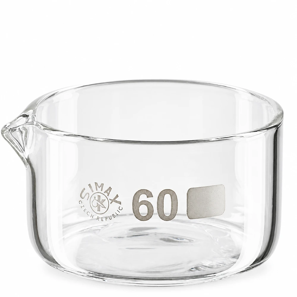 Vlakke laboratoriumglazen schaal van 60 ml, diameter 60 mm, met uitgietmond, voor kristallisatie en inkooking