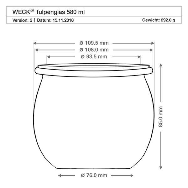 Technische tekening WECK tulpenpot 580ml RR100 met afmetingen en maten voor houten bol deksel