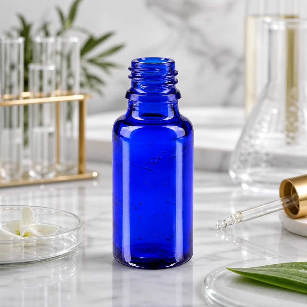 Blauwe glazen fles 20ml Compacte glazen fles van 20 ml in kobaltblauw gemaakt van ApoGlas voor mobiel gebruik onderweg