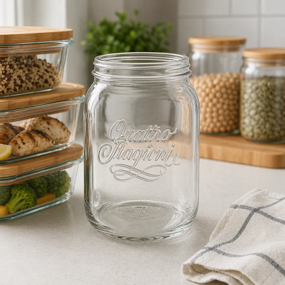 2000ml huishoudglas "Quattro Stagioni" 2000ml Quattro Stagioni Haushaltsglas mit Schriftzug in moderner Küche zwischen Vorratsgläsern und Küchenorganisation