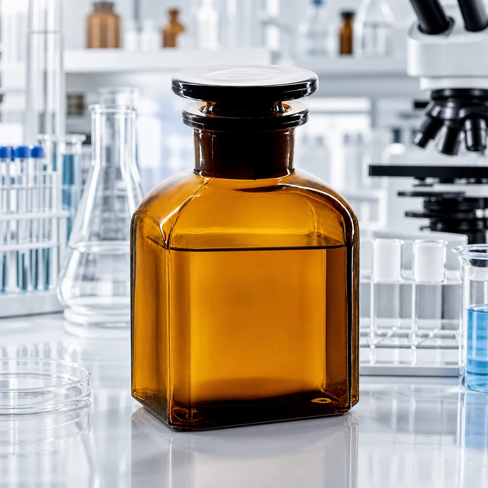 Vierkant-apothekersfles 150 ml wijde hals bruin glas incl. glazen stop Bruine voorraadfles van 150 ml met brede hals en glazen stop voor lichtgevoelige stoffen in het laboratorium
