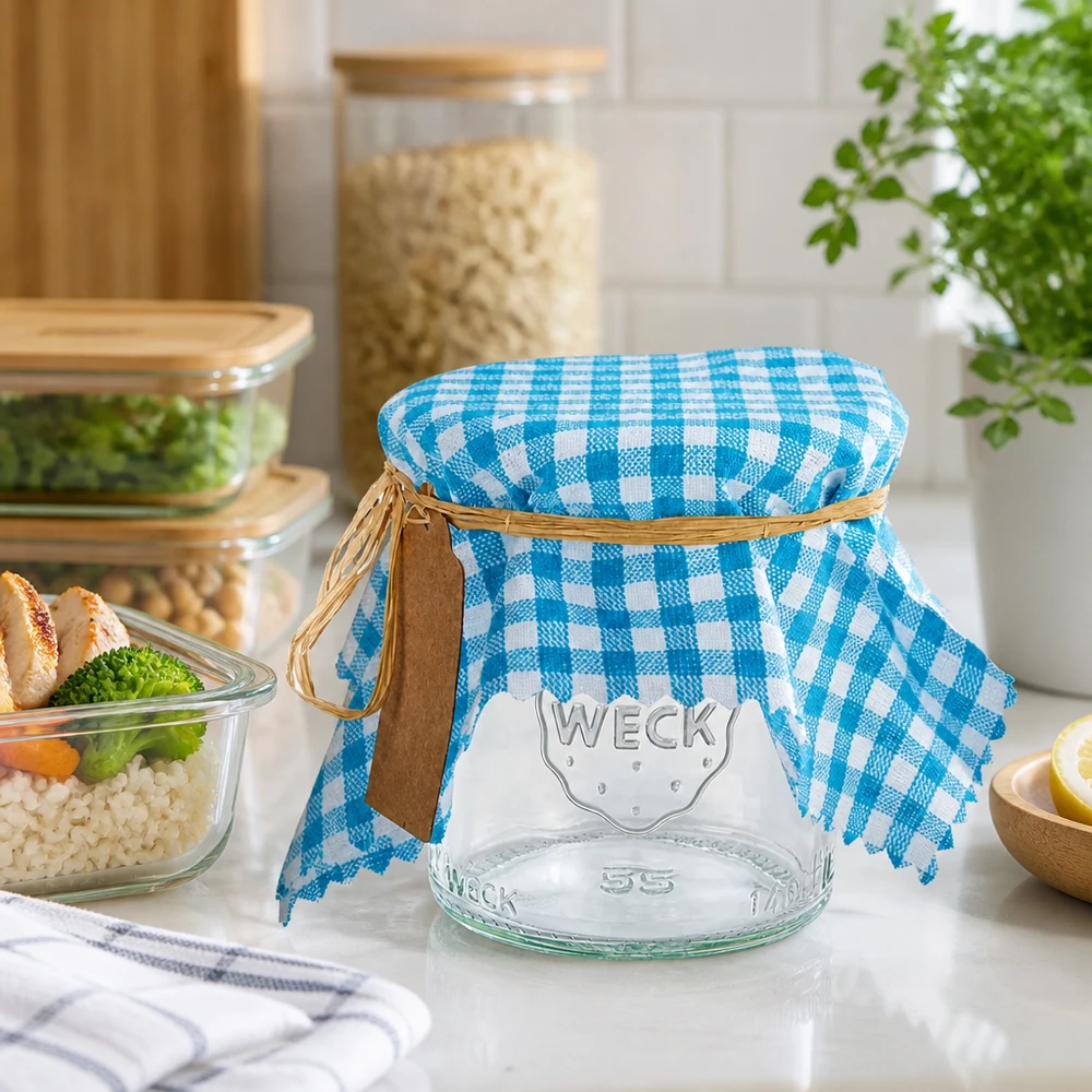 Stoffen lapje voor deksel turquoise geruit 15cm hoekig Turkoois en wit geblokte stoffen doily op een pot tussen opbergcontainers in een moderne keuken