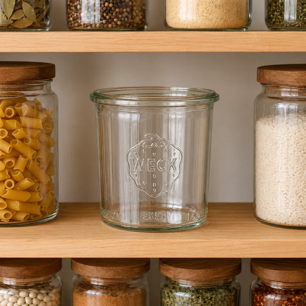 WECK 140ml RR60 lege glazen pot op keukenplank tussen gevulde voorraadpotten met pasta en rijst