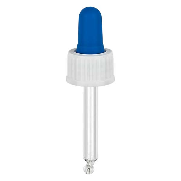 Glazen druppelpipet wit/blauw 18 mm PL44 Standaard Glazen druppelpipet wit/blauw 18 mm PL44 Standaard