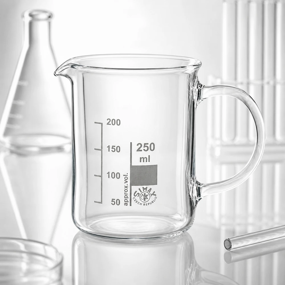 Bekerglas 250 ml van hittebestendig borosilicaatglas met handvat Laboratoriumbeker van 250 ml, borosilicaatglas, met handvat aan de zijkant en nauwkeurige volumeschaal – zijaanzicht