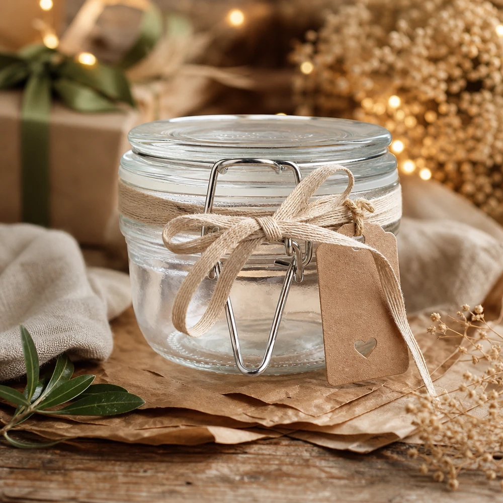 200 ml voorraadpot type S met scharnierende top UN. Decoratieve 200 ml schommelpot met rustiek cadeaulint voor stijlvol keukengebruik