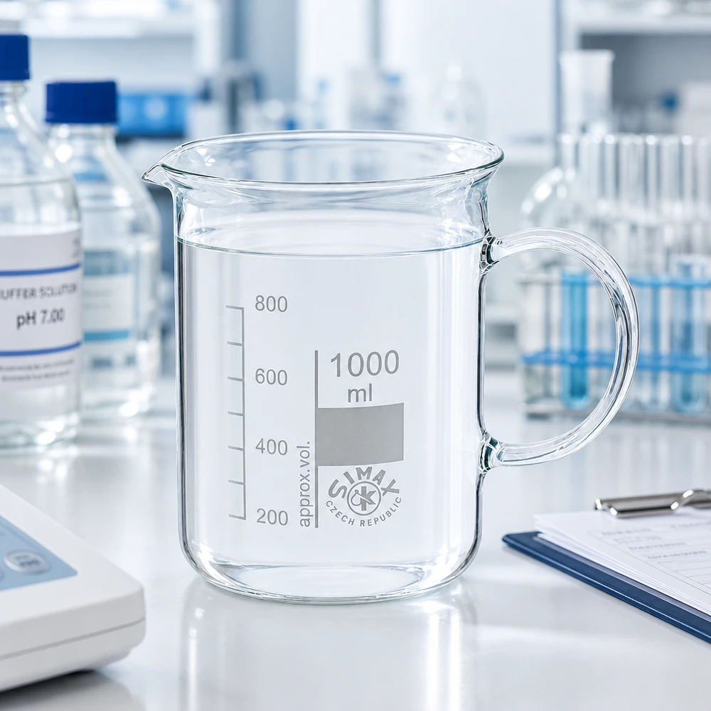 Bekerglas 1000 ml van hittebestendig borosilicaatglas met handvat Doorzichtig bekerglas van 1000 ml met handvat en zichtbare volumeschaal van 200 tot 800 ml