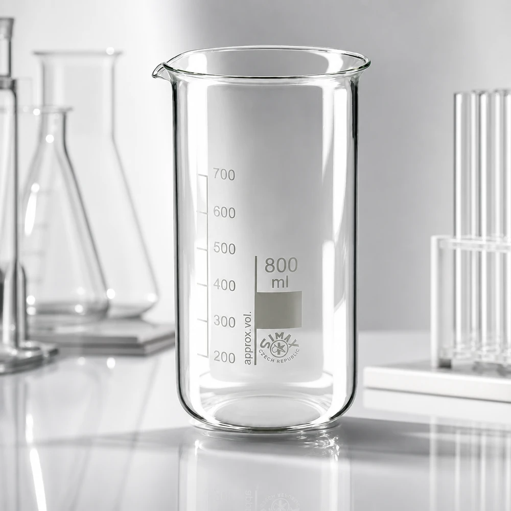 Bekerglas 800 ml van hittebestendig borosilicaatglas (hoog model) Hohe Form laboratoriumglaswerk: bekerglas van 800 ml voor chemische experimenten, vervaardigd uit breukvast borosilicaatglas