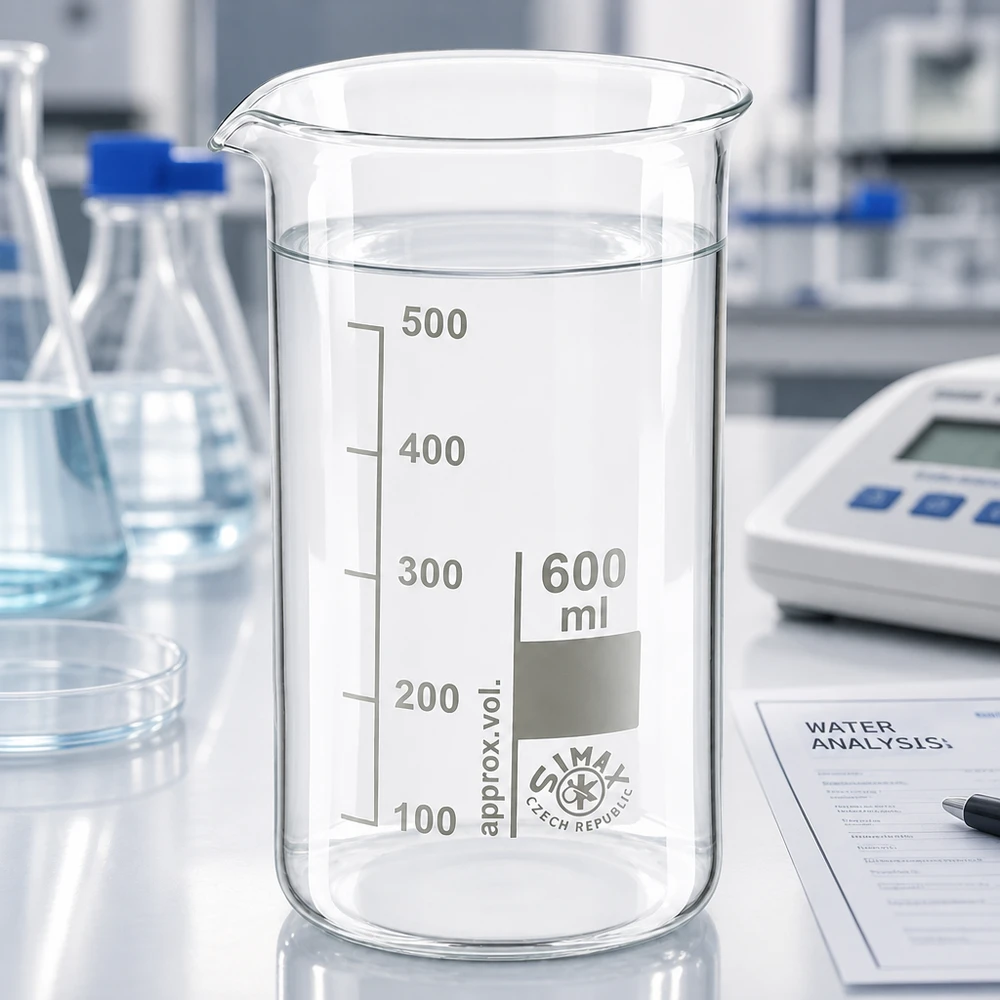 Bekerglas 600 ml van hittebestendig borosilicaatglas (hoog model) Becherglas 600 ml, hoog model, Simax Tsjechië, met heldere vloeistof en schaalverdeling 100-500 ml