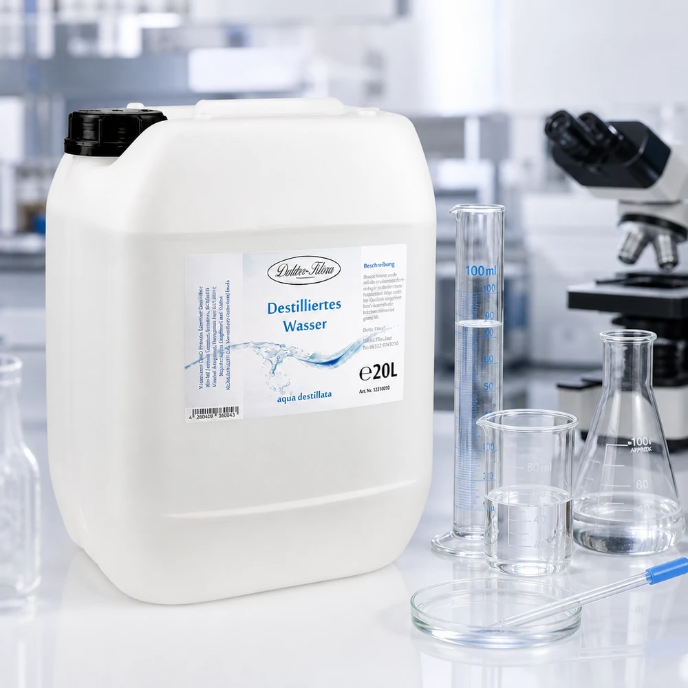 20 liter gedestilleerd water - Aqua dest in blanke premium jerrycan van Doktor Klaus 20 liter gedestilleerd water Dokter Klaus in een transparante laboratoriumomgeving met glaswerk en microscoop