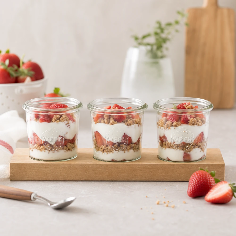 Serveerplank Plano3 met 3 Weck-glazen van 140 ml WECK potjes 140ml met yoghurt en aardbeien laagjes dessert geserveerd klaar voor ontbijt op een Plano3 houten serveerplank