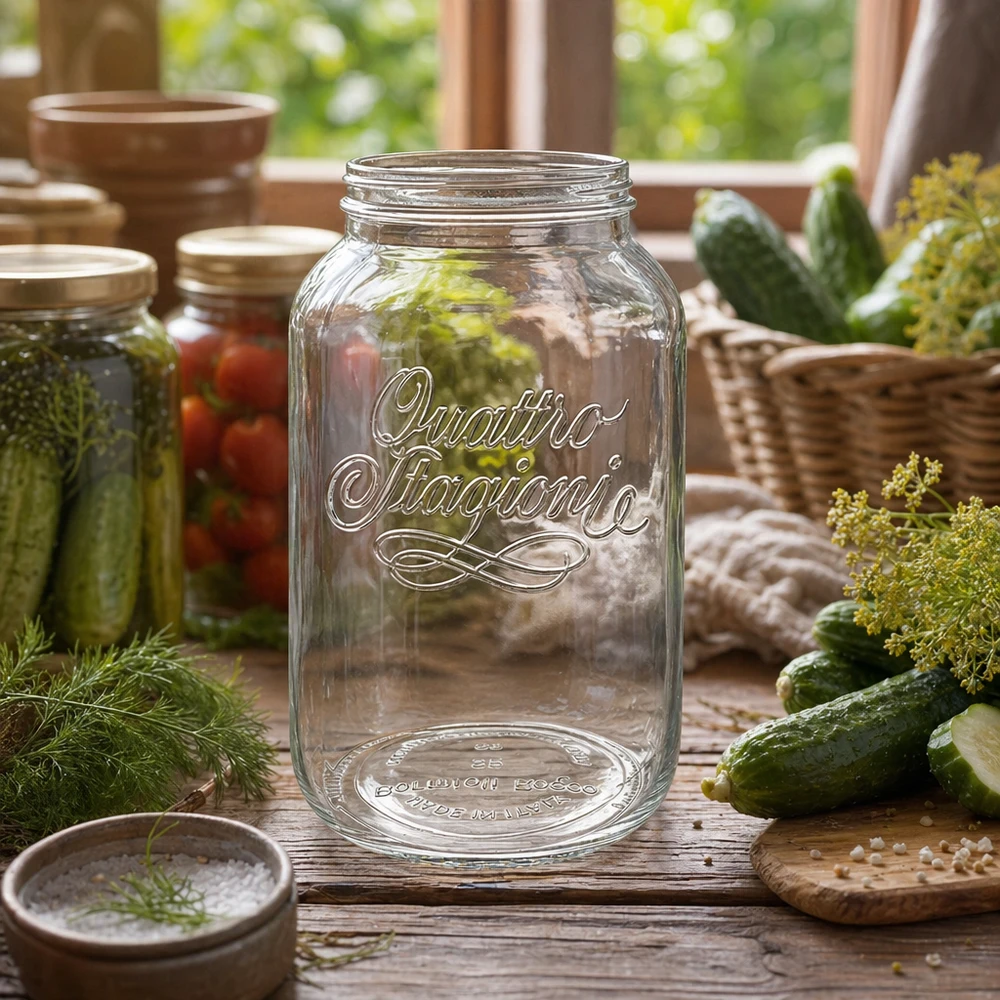 3800ml huishoudglas "Quattro Stagioni" 3800ml Quattro Stagioni inmaakpot leeg op een houten tafel met augurken en dille om in te maken en in te blikken