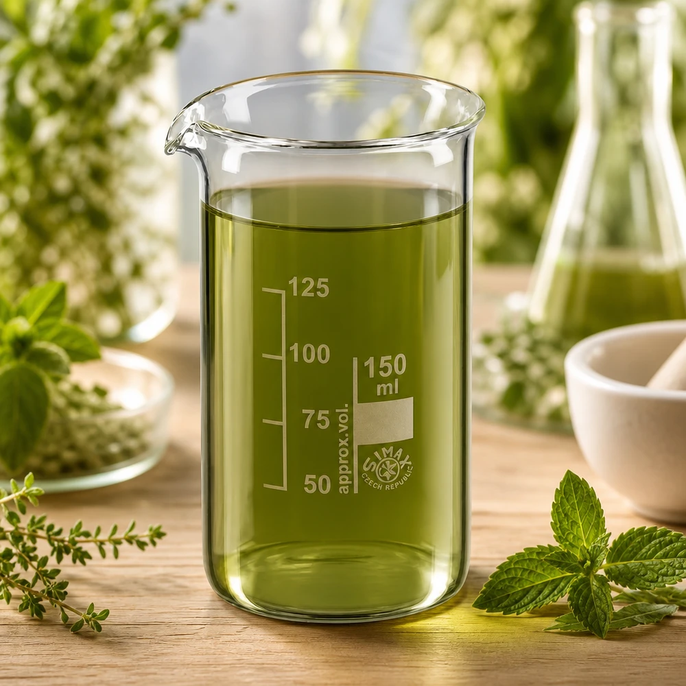 Bekerglas 150ml van hittebestendig borosilicaatglas (hoog model) Cilindrisch bekerglas van 150 ml met schenktuit en groen plantenextract op een houten ondergrond