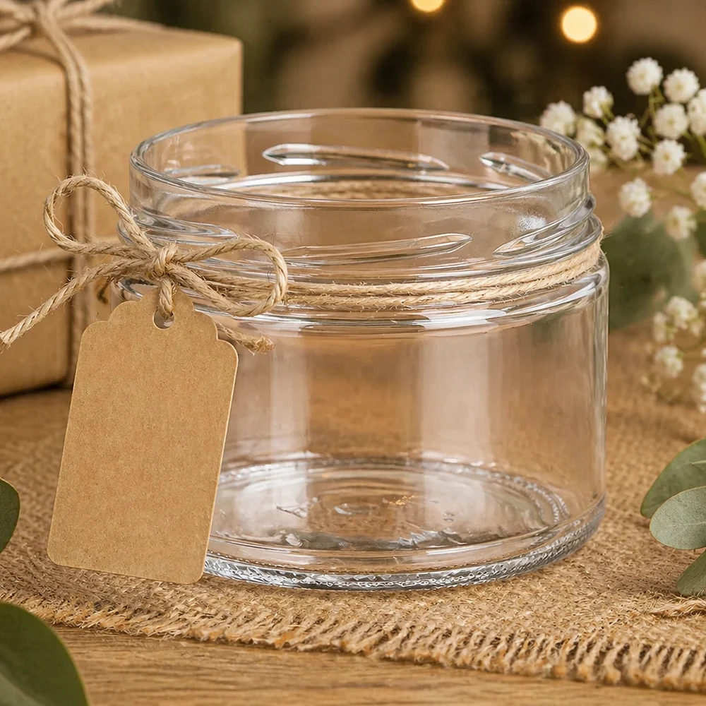 UNiTWIST Runda540 bekers 540ml TO100 met raffia lint en cadeaulabel versierd op een rustieke jute achtergrond