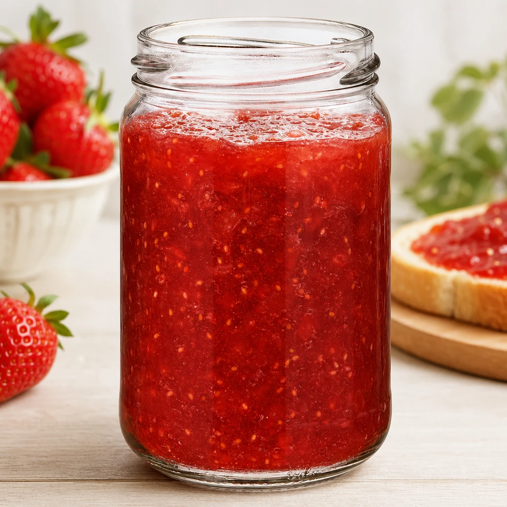 UNiTWIST Runda305 ronde pot 305ml TO63 gevuld met rode aardbeienjam, inmaakpot voor jam en smeersels