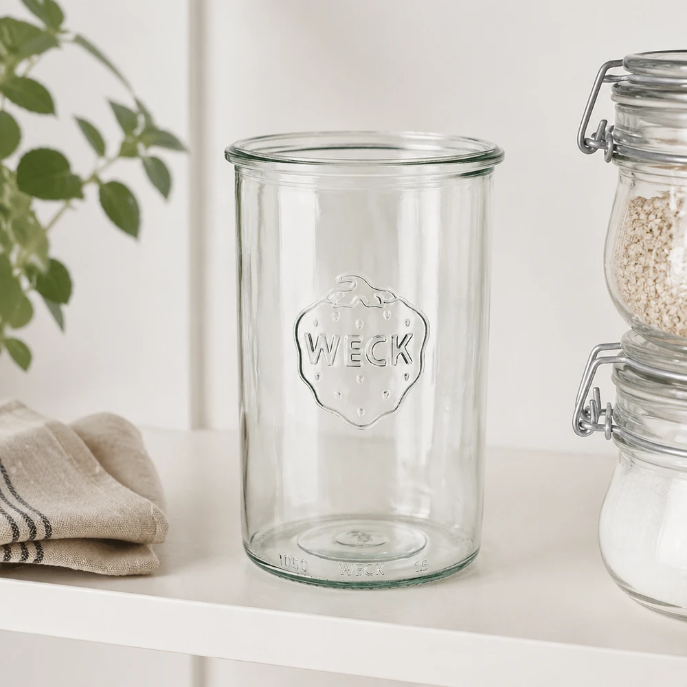 WECK 1000ml RR100 mason jar van helder glas met WECK logo voor het bewaren en opslaan in de keuken