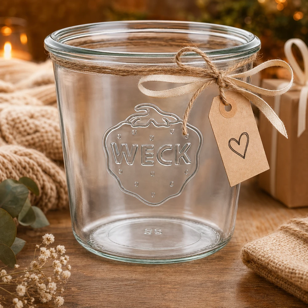 580ml stortglas WECK RR100 WECK 580 ml RR100 glazen bekers met reliëfdruk en decoratief cadeaulint op een houten tafel