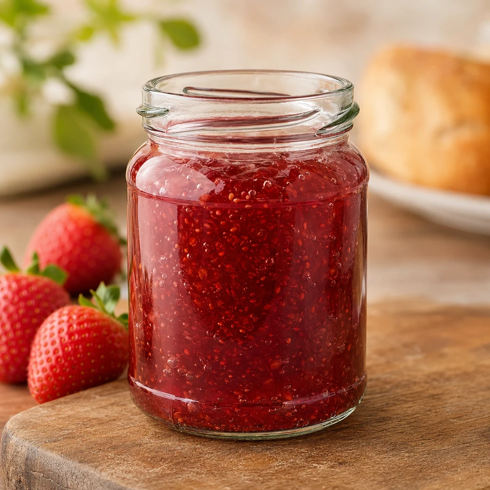 205ml rond glas zonder deksel (TO58) UNiTWIST UNiTWIST Runda205 rond glas 205ml TO58 gevuld met rode aardbeienjam naast verse aardbeien op een houten plank