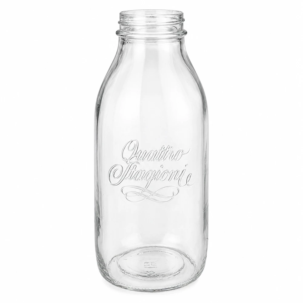 1000 ml fles met wijde hals "Quattro Stagioni" Bormioli Rocco Quattro Stagioni 1000ml glazen fles met wijde hals en logo in reliëf transparant leeg