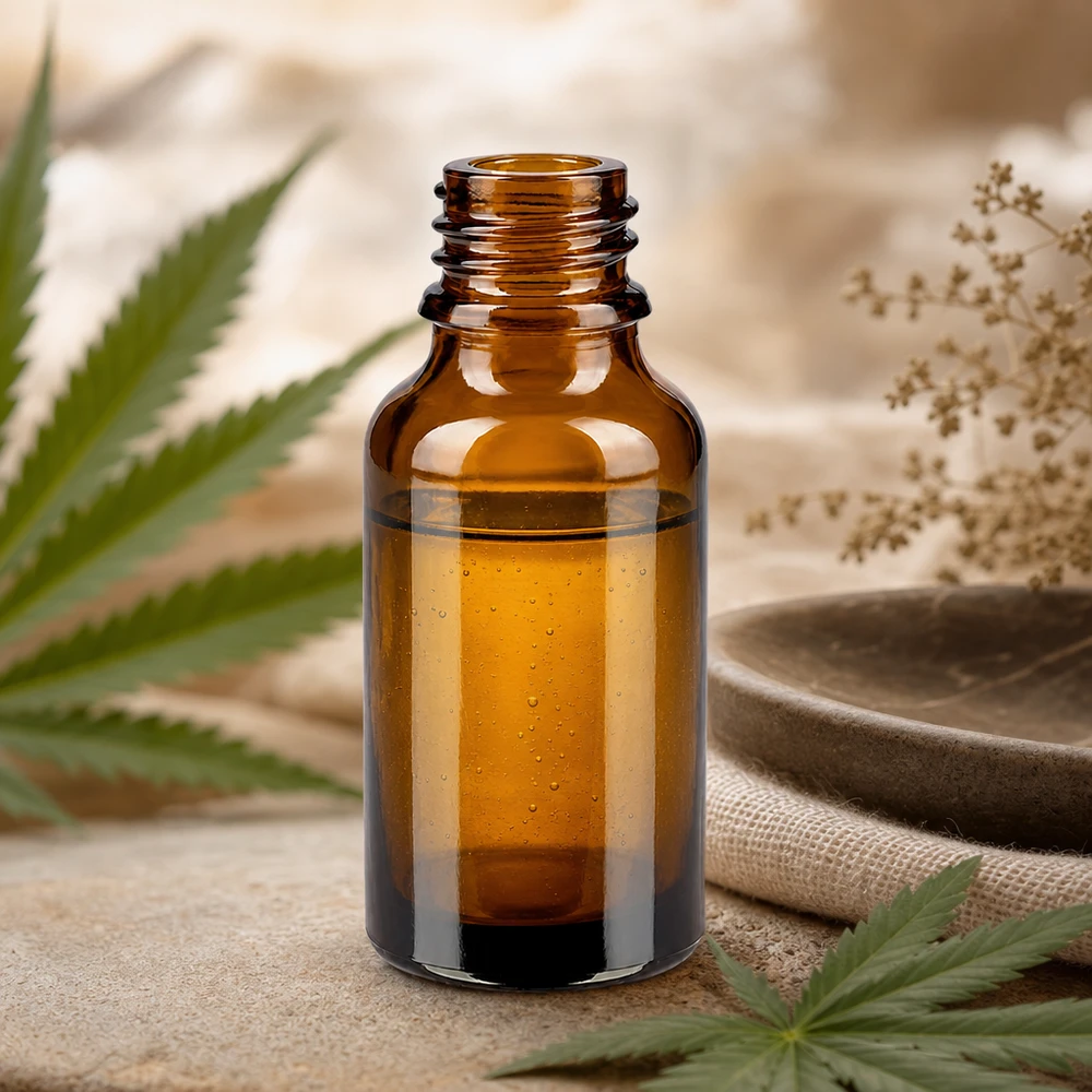 30ml bruine apothekersfles ApoGlas 30ml bruin apothekersflesje ApoGlas met gouden vloeistof naast cannabisbladeren en gedroogde kruiden