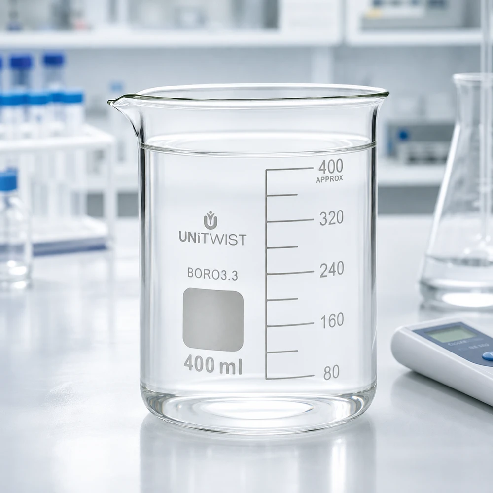 Cilindrisch borosilicaat bekerglas van 400 ml met een lage vorm, met een heldere vloeistof in het profiel