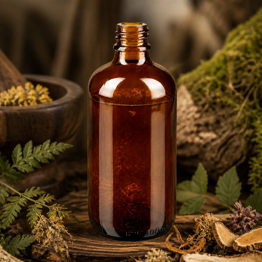 100ml bruine Apothekersfles ApoGlas 100ml bruine apothekersfles ApoGlas met varens, paddenstoelen en kruiden in een natuurlijke bosapotheek omgeving