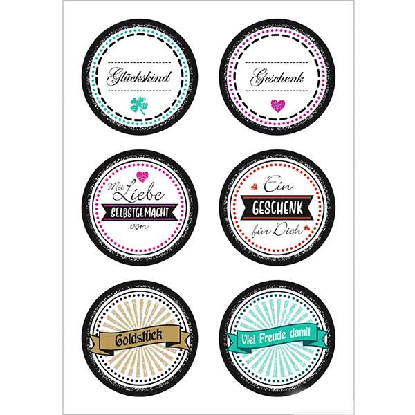 Sticker “Goldstück” (12 stickers met glitter) ø34mm | 2 vellen = 12 papieren stickers.