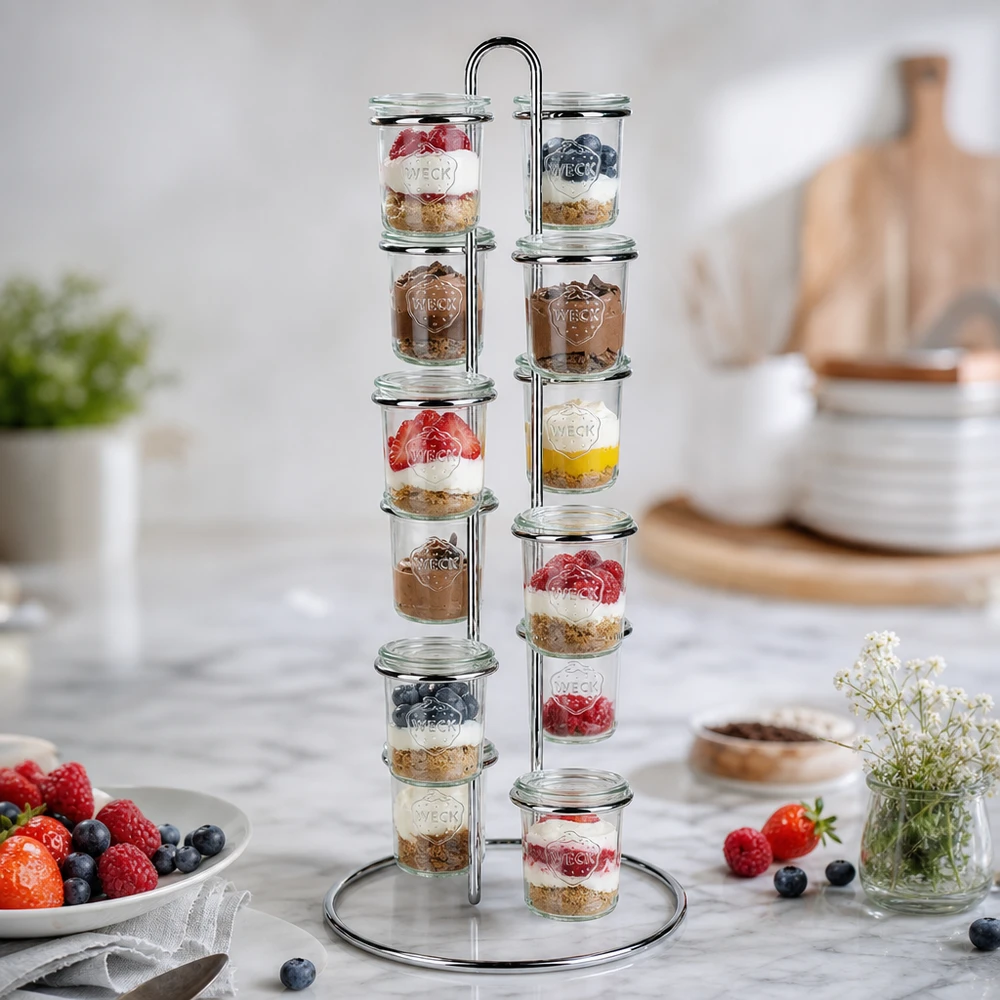 Serveerrek Vertico12 voor 12 WECK stortglas Dessertpresentatie met WECK Vertico12 serveerrek toont 12 potten yoghurt, bessen en granola op aanrecht
