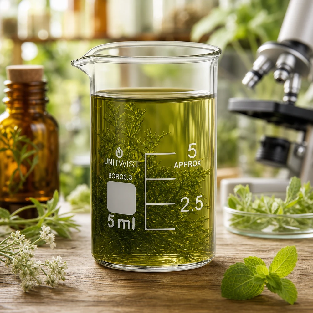 Beker 5ml borosilicaat, lage vorm UNiTWIST Doorzichtig bekerglas van 5 ml met een lage vorm, gevuld met geneeskrachtige kruiden en etherische oliën in het laboratorium