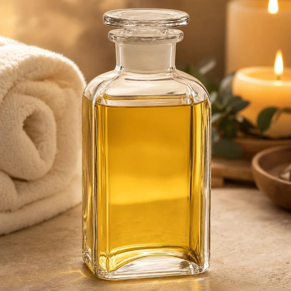 Vierkante fles 250ml heldere wijde hals glazen stop Goudgele olie in een vierkante glazen fles van 250 ml met glazen stop, in een wellness-omgeving