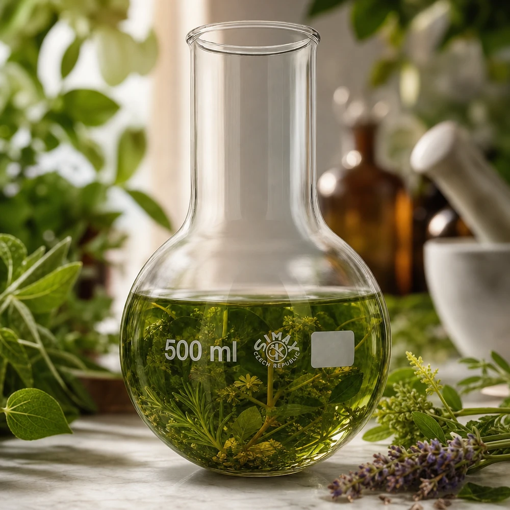 Platbodem kolf 500ml wijde hals borosilicaat met afgeronde rand Rondbodemkolf 500 ml met brede hals en stabiele basis om veilig op werkoppervlakken te staan