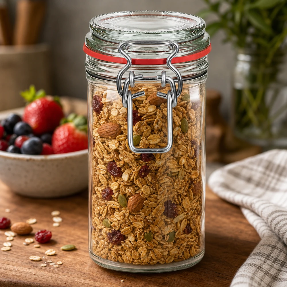 272 ml voorraadpot type G met beugelsluiting UN.. 272 ml voorraadpot met draaidop gevuld met muesli en noten op houten tafel naast verse bessen