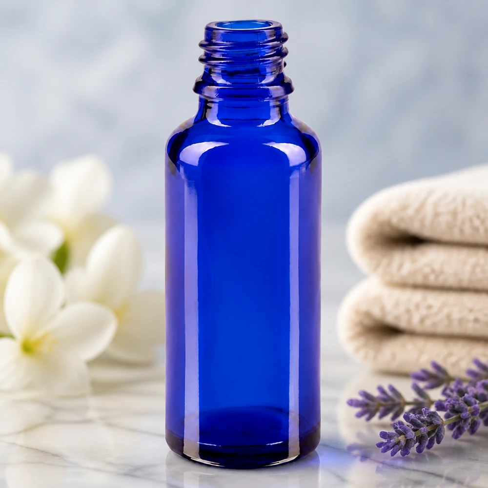 Blauwe apotheekfles ApoGlas 30 ml, cilindrische vorm met gladde zijkant en schroefdop