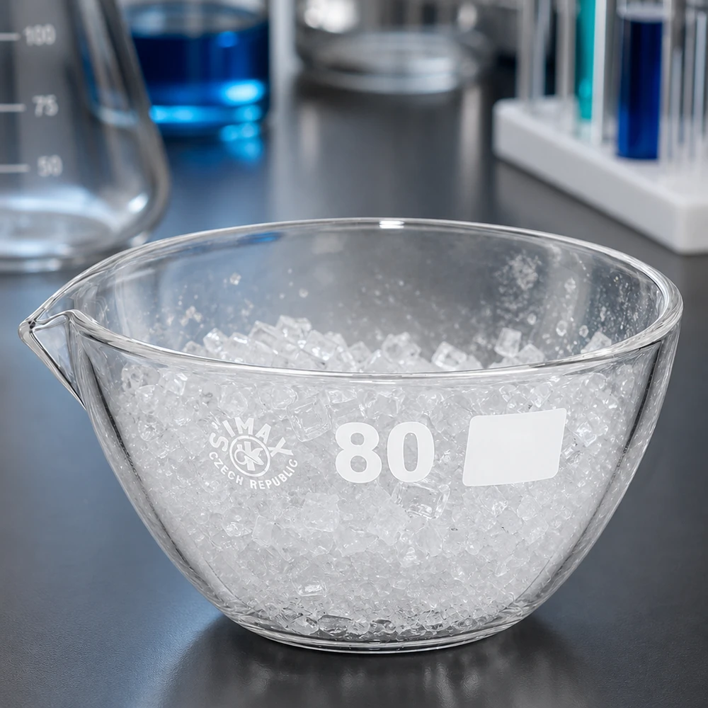 Indampschaal 90ml van borosilicaatglas met schenktuit Precisiedampbak 90ml borosilicaatglas ø80mm met schenktuit voor kwantitatieve analyse