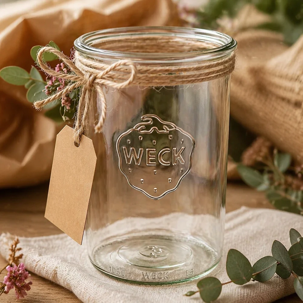 1000ml WECK RR100 inmaakpot met jute koord en hanger gedecoreerd op een rustieke houten tafel
