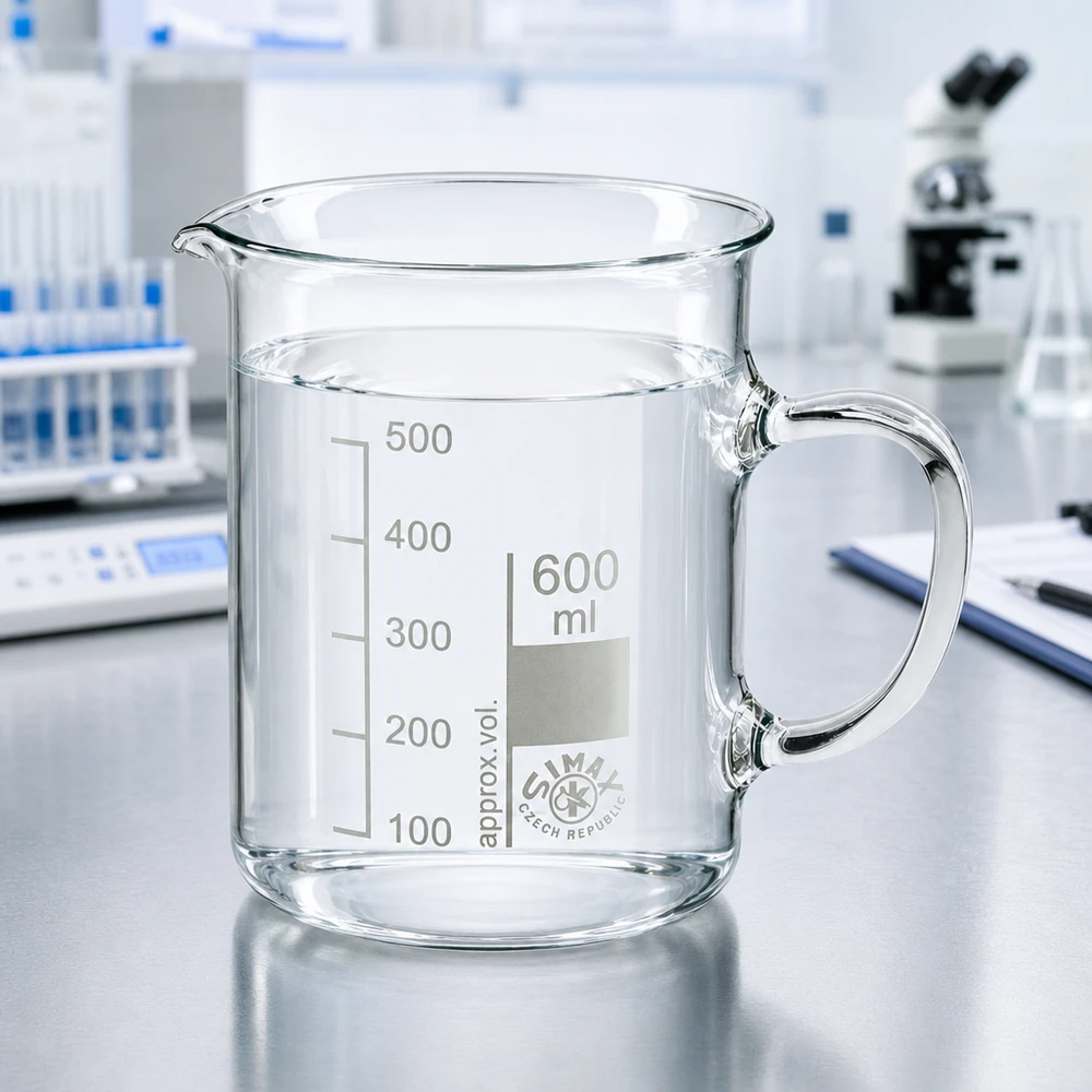 Bekerglas 600 ml van hittebestendig borosilicaatglas met handvat Cilindrisch bekerglas van 600 ml met handvat en schenktuit, vervaardigd uit hoogwaardig, helder borosilicaatglas