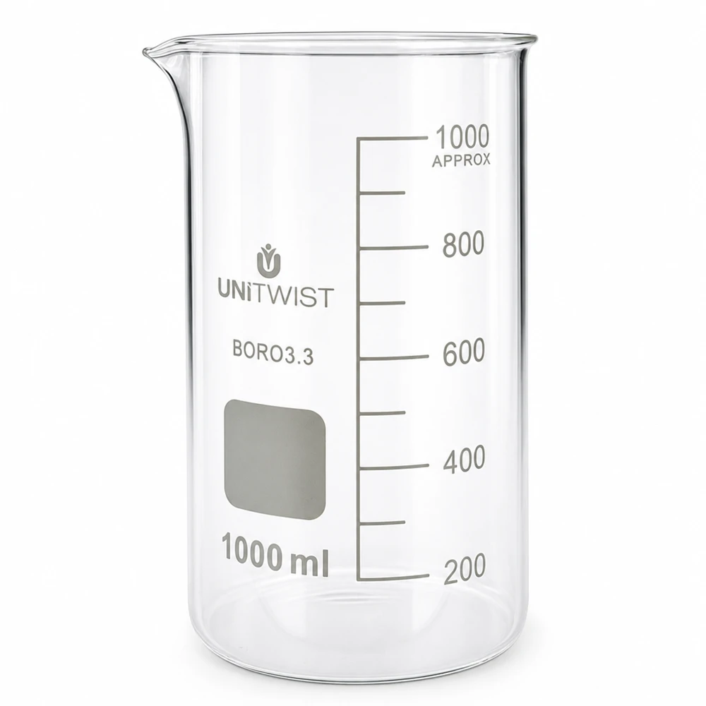 Beker 1000ml borosilicaat, hoge vorm UNITWIST UNITWIST bekerglas 1000 ml, borosilicaat, hoog model, ideaal voor laboratoria en wetenschappelijk gebruik
