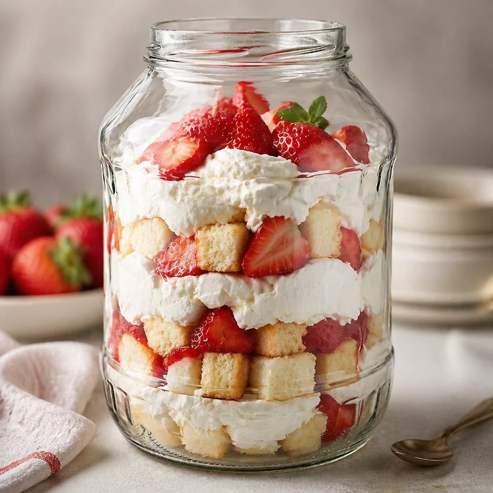 2650ml rond glas zonder deksel (TO100) UNiTWIST UNiTWIST Runda2650 bekers 2650ml met gelaagd dessert van aardbeien, room en stukjes cake TO100 dessertglas met schroefdraad