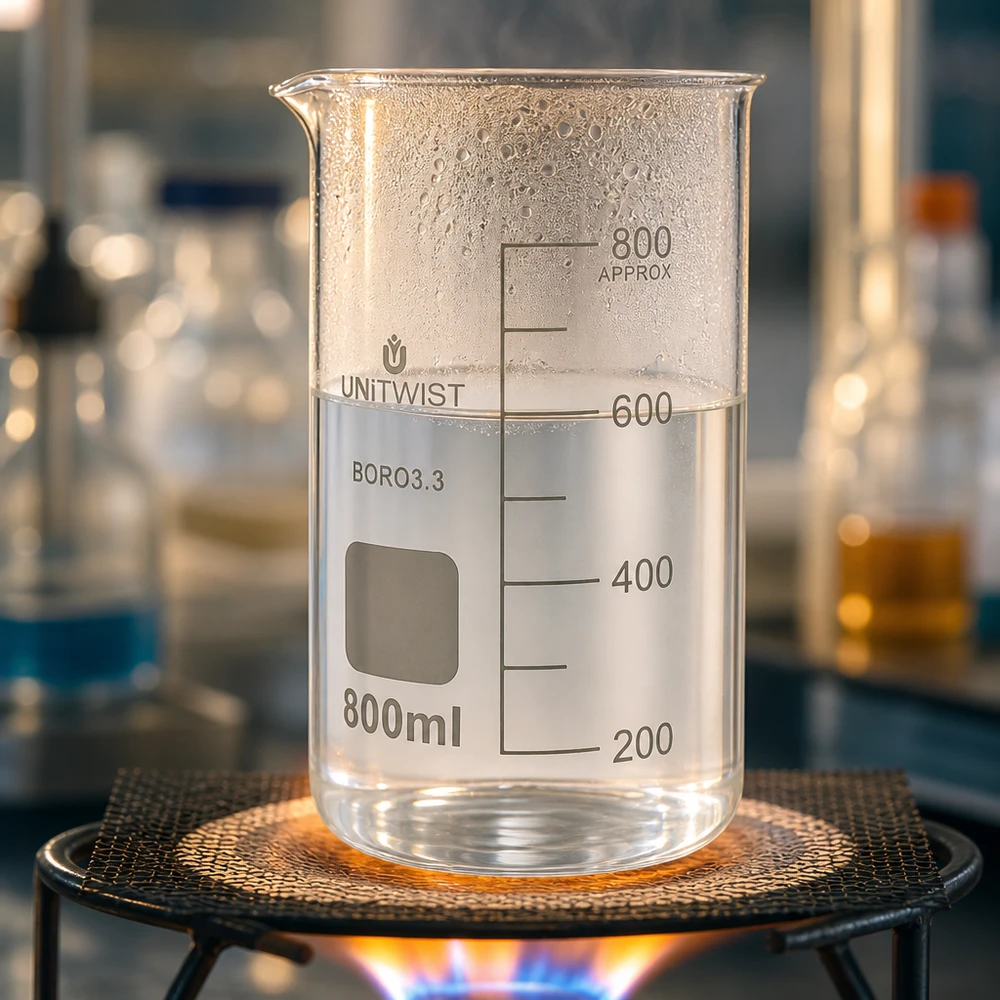 Beker 800ml borosilicaat, hoge vorm UNITWIST UNITWIST 800 ml borosilicaatglasbeker met waterdamp en luchtbellen bij verhitting op een brander