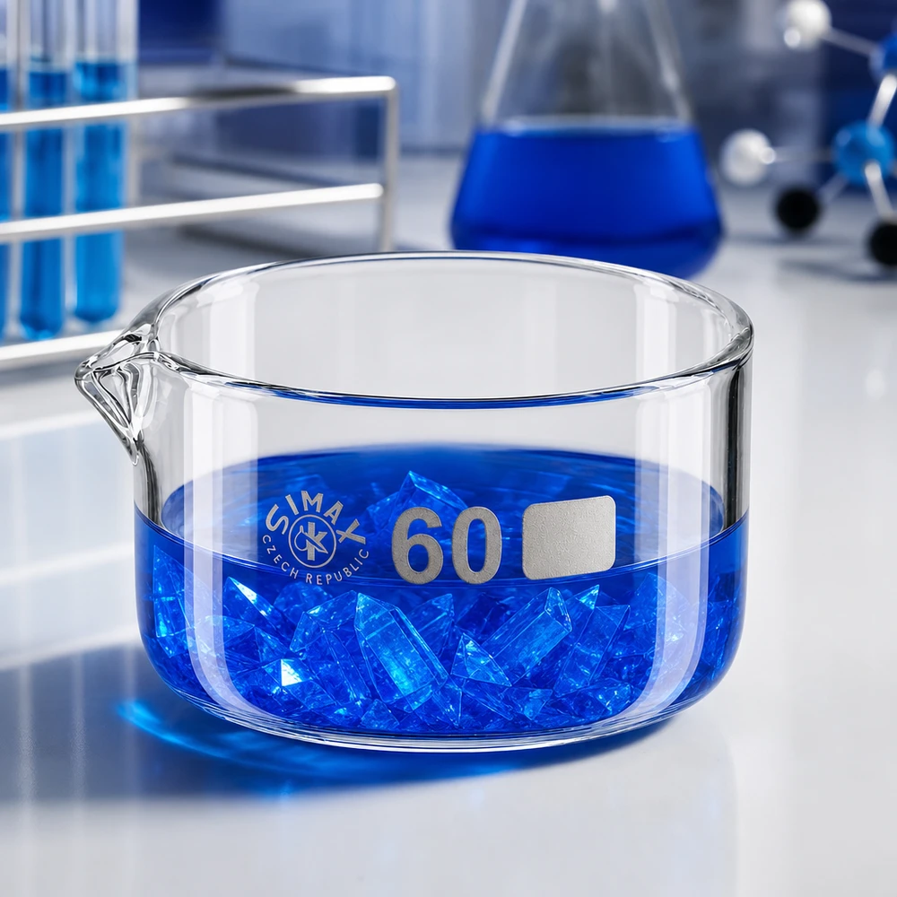 Kristalliseerschaal 60ml met schenktuit Kristallisatieschaal voor laboratoriumgebruik, 60 ml, blauwe oplossing, kristalgroei, borosilicaatglas, hittebestendig, Simax