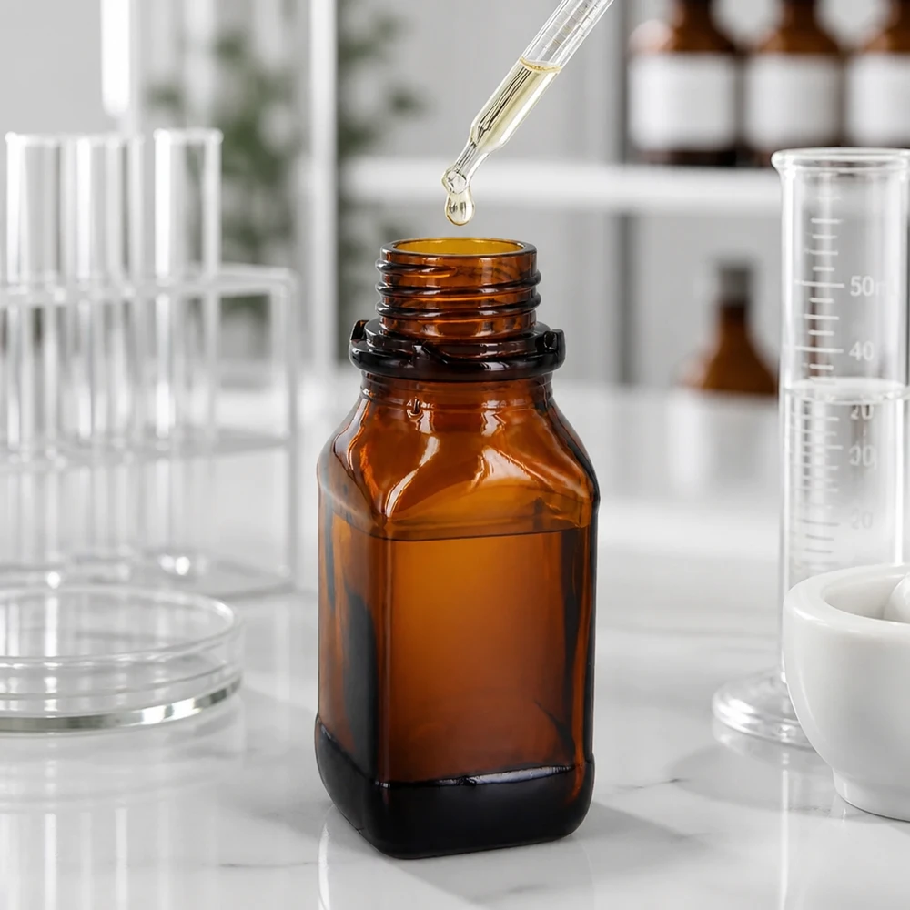 100 ml vierkante fles met wijde hals bruin glas met DIN 32 krans