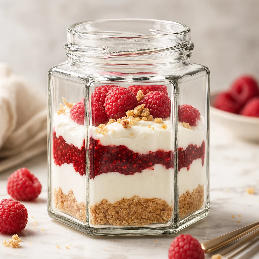 UNiTWIST Hexa196 zeshoekig glas 196ml gevuld met een gelaagd dessert van bessen, yoghurt en koekkruimels