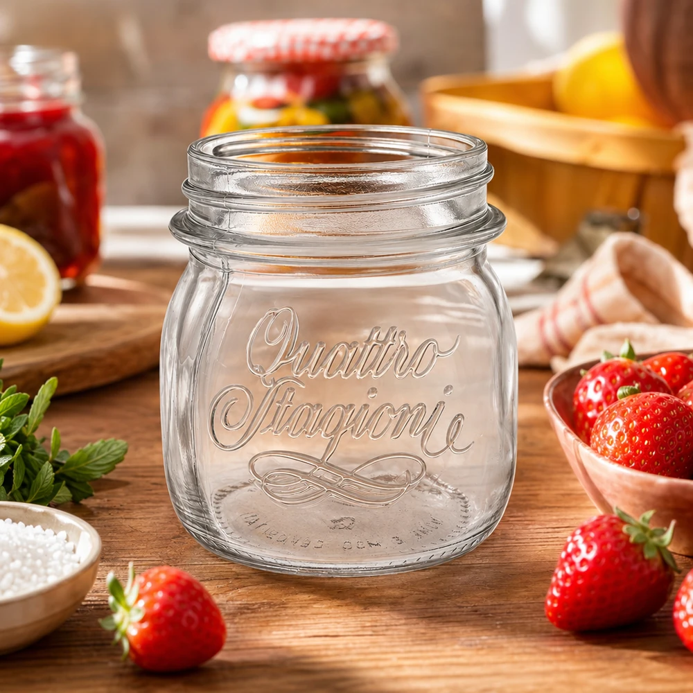250ml huishoudglas "Quattro Stagioni" 250 ml Quattro Stagioni inmaakpot op een houten tafel met verse aardbeien en keukengerei om in te maken