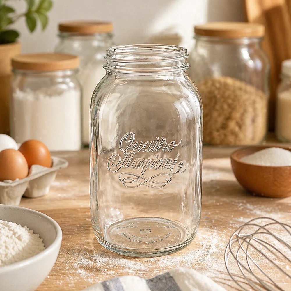 1500ml huishoudglas "Quattro Stagioni" 1500ml Quattro Stagioni huishoudpot met schroefdop op houten tafel met bakingrediënten en keukengerei