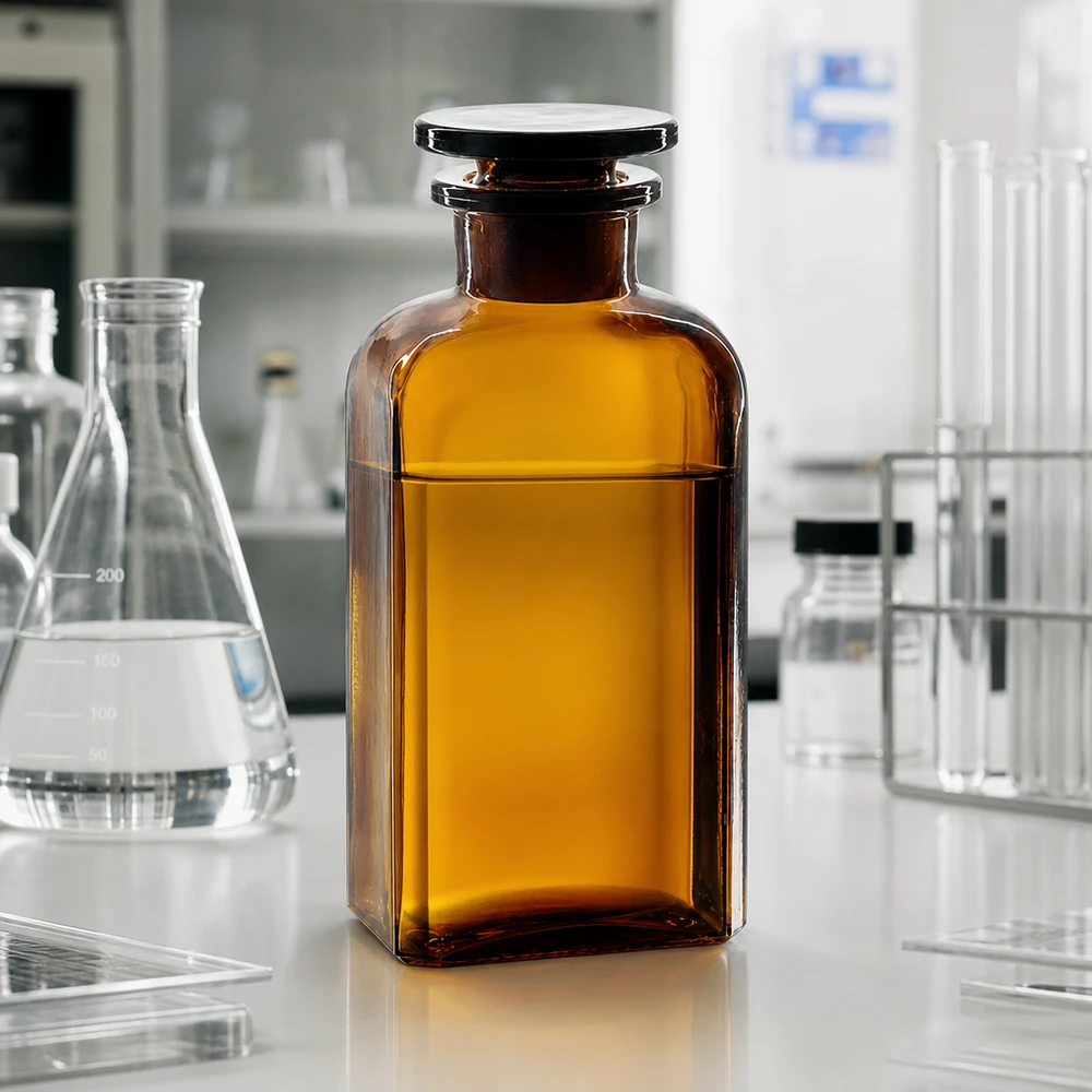 Vierkant-apothekersfles 250 ml wijde hals bruin glas incl. glazen stop Lichtbeschermende vierkante fles van 250 ml met brede opening, van bruin glas en voorzien van een goed sluitende stop