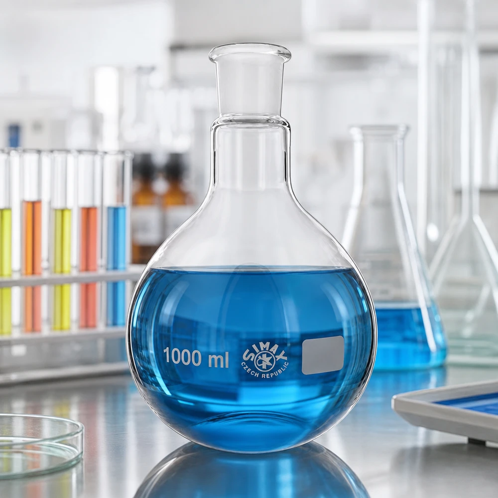 Platbodem kolf 1000ml wijde hals borosilicaat met slijpstuk 29/32 Transparante reactiekolf 1000ml met ergonomische bolvorm en 29/32 glas geslepen verbinding